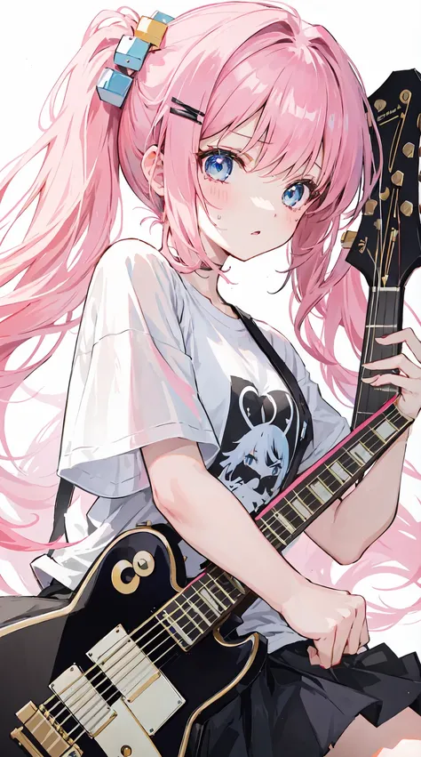 monochrome cube hair ornament, a young girl with pink hair and blue eyes, playing a gibson les paul electric guitar with passion...