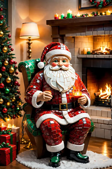 (Mosaic Santa Sculpture),tmasterpiece:a mosaic, the detail: Cosy and comfortable living room, Colorful Christmas lights, A beautifully decorated Christmas tree, crackling fireplace; image quality:(Best quality, A high resolution, actual:1.37), vibrant with...