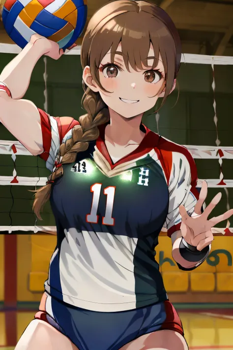 ((Pale brown hair)),((Braided shorthair)),((With black eyes)),Slight red tide,(Volleyball Uniforms:1.5),Indoor Volleyball Court,Happy smile,(Green, White and blue uniform:1.05),(Lively gymnasium:1.2),(kindly smile:1.25),(active movement:1.2),