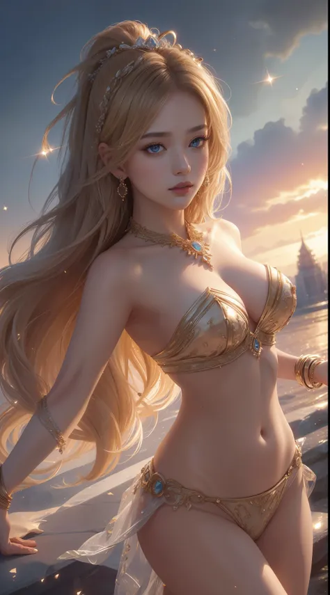 tmasterpiece，Highest image quality，Beautiful bust of noble western dance，Sophisticated black and blonde hairstyle，A dazzling array of exquisite jewelry A vast array of exquisite jewelry，bikini dance clothes，Ultra-detailed details，advanced。At the Pixiv Art ...