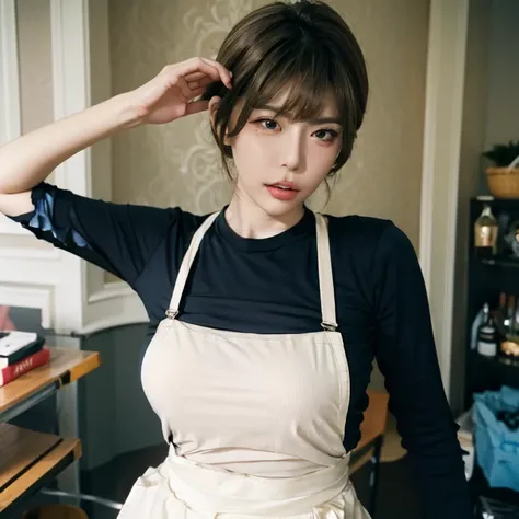 vivid colors, soft lighting, artistic portrait style, (tmasterpiece:1.2, Best quality at best), 1 woman, Alone, The upper part of the body, large tities, Tight white T-shirt and jeanlack short messy hair, makeup, Confident and relaxed, aprons，parted lips ,...