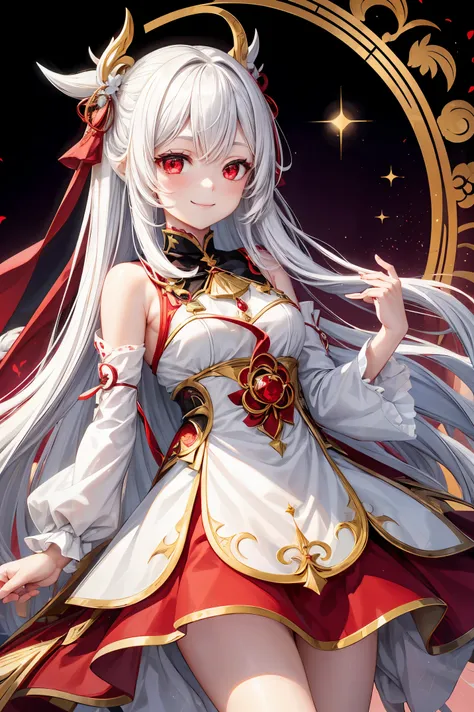 A girl, long white hair, wearing a gold star decoration, shining ruby ​​red eyes, smiling sweetly, wearing a gods dress, has genshin impact vibes, Teyvat background