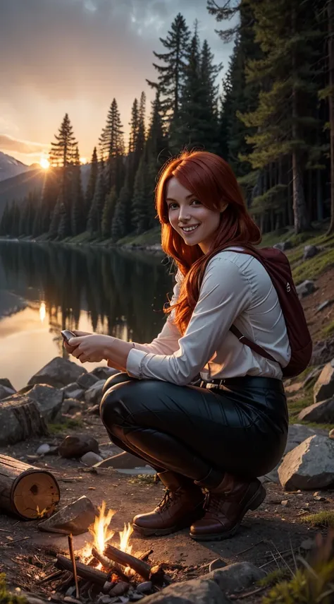 1 woman, red hair with blonde locks, skirt, cold blouse ((full body, crouching, smiling, happy)), masterpiece, best quality, perfect eyes, perfect hands, perfect legs, ultra-detailed, solo, outdoor, (sunset), mountains, nature, (stars, cloud) cheerful, hap...