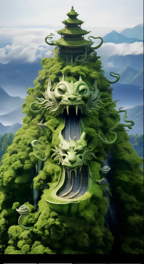 Close-up of the green dragon statue on the mountain, weird alien trees, Fantasy magic vegetation, Detailed digital 3D art, symmetrical epic fantasy art, Green Dragon, Composed of trees and a fantasy valley, Plant Dragon Robot, alien foliage plants, vegetat...