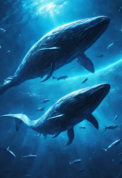 stunning beautiful alien space whales swimming in stardust in the space, sci fi, fantasy, highly detailed, 64k, hdr, trending on artstation, biopunk, creature concept art, splash art, masterpiece, dynamic, cinematic