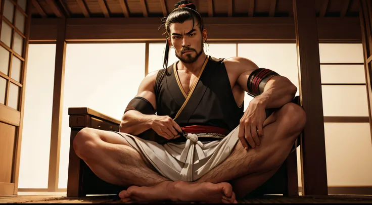 realistic samurai, topknot, bend his shoulders and elbows, sitting cross-legged, beam. from front, looking at viewer, full body, in traditional tea room.