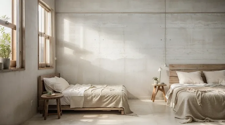 (best quality,realistic), wabi sabi, rustic wooden material, white concrete, morning light, bright interior, textured walls, minimalistic design, natural elements, soft color palette, subtle details, clean lines, cozy atmosphere, serene ambiance, imperfect...