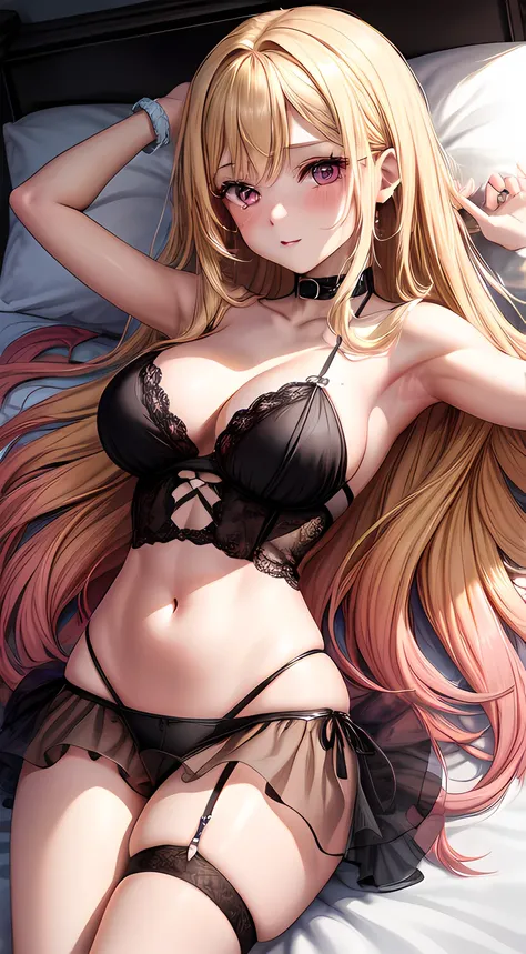 1 girl, long hair, blonde hair,smooth blonde hair with an ombré transition to pinkish-red or citrus orange at the tips and reaching down to waist in the rear, dark pink color eyes contact, large breast, black lingerie, black panties, black pair of stocking...