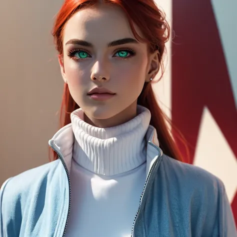 Redhead, full lips, modelesque figure, emarald green eyes, full body, cinematic lighting, white turtleneck, blue jacket