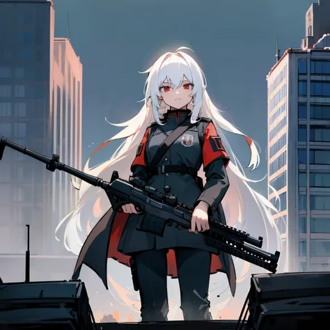 military roux, 1girll, Solo, Standing, Very long hair, (hair messy:1.3) White hair, Red Eyes, skinny, Bangs, hair between eye, , Gauss rifle, Baumann&#39;s Wehrmacht, , assault_rifle, Holding_gun, Aim for a, Aim for a_で_peeping at the viewer, trigger_disci...