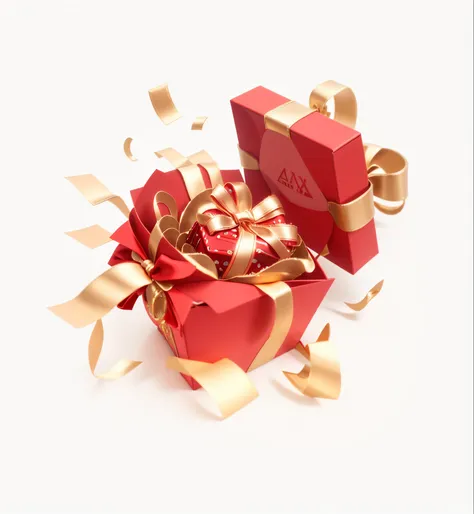 There is a red box，There are bows and gold ribbons on it, gifts, 4D cinema rendering, Render in Cinema4D, gifts, render in blender, Rendering in Arnold, Rendering in Houdini, satisfying render, 3d illustrations, 3d illustrations, Cinema 4d rendering, Cinem...