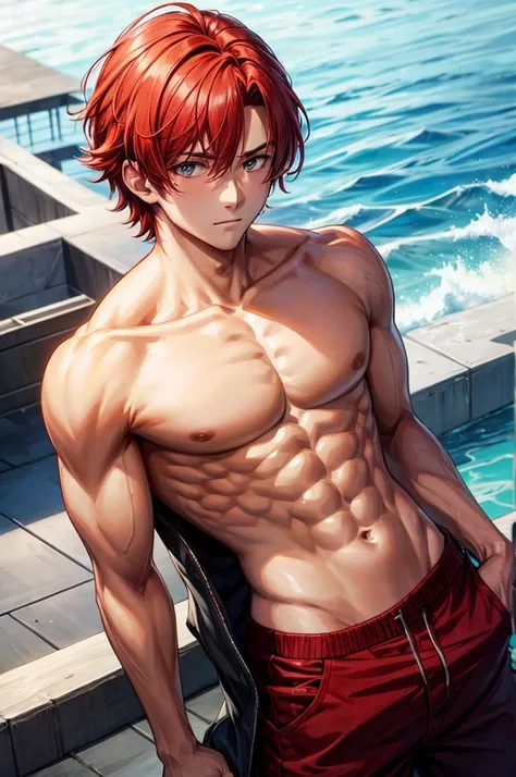 1 man, red hair, shirtless, masterpiece, best quality