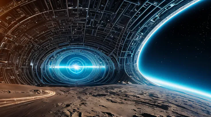 Develop an image of a futuristic, cosmic gateway opening up. The gateway symbolizes the access to a community of knowledge and inspiration that subscribing to the channel provides, sparking curiosity and a sense of exploration.