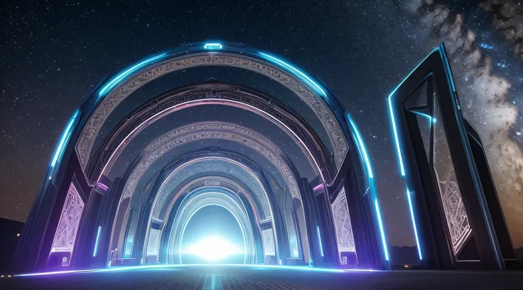 Develop an image of a futuristic, cosmic gateway opening up. The gateway symbolizes the access to a community of knowledge and inspiration that subscribing to the channel provides, sparking curiosity and a sense of exploration.