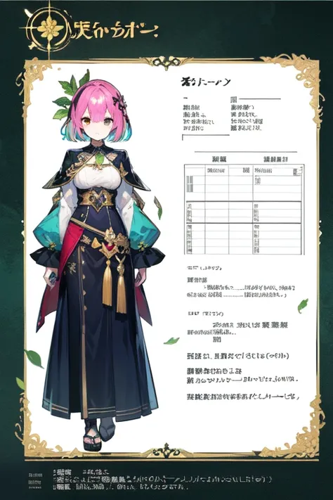 1girl in, ((Character information)、(Chara Leaf)、Type sheet, Character Sheets, Three types，Shot Full Body，Game Character Design，Colorful, Bright