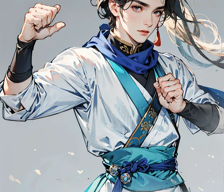 Hold a fist with your right hand，Blue scarf，Chinese traditional clothing suspenders、obi strip，of a guy&#39;upper body，Black belt，greybackground，4K，tmasterpiece，