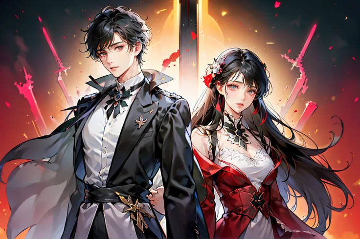 modern day，Modern boys with black short hair，long hair modern girl，Boys and girls face to face，holdingsword，Rose flower，dream-state，novel cover，red colour，The color is black