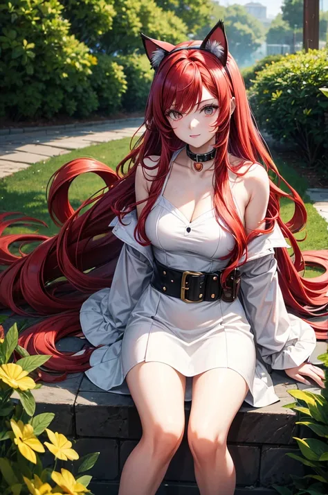 1 woman, long red hair, wearing cat ears, masterpiece, best quality.