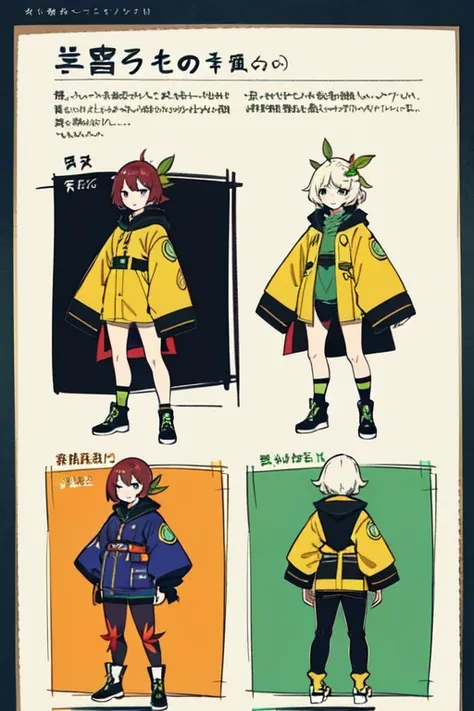 1girl in, ((Character information)、(Chara Leaf)、Type sheet, Character Sheets, Three types，Shot Full Body，Game Character Design，Colorful, Bright