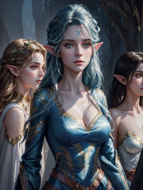 (((tmasterpiece))), Best quality at best, Super detailed gouache style painting portrait of a group of beautiful female elves, Smooth shadows, hyper realistic texture, 8K, Best quality at best, Realistic features, stylized illustration, Smooth shadows, Cor...