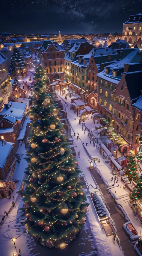 high-altitude aerial photography，look down from above，christmas town night view，falling snow，(european town square:1.3), there i...