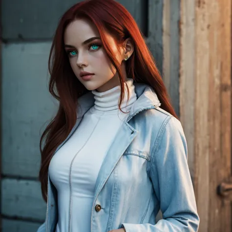 Redhead, full lips, modelesque figure, emarald green eyes, full body, cinematic lighting, white turtleneck, blue jacket, single person