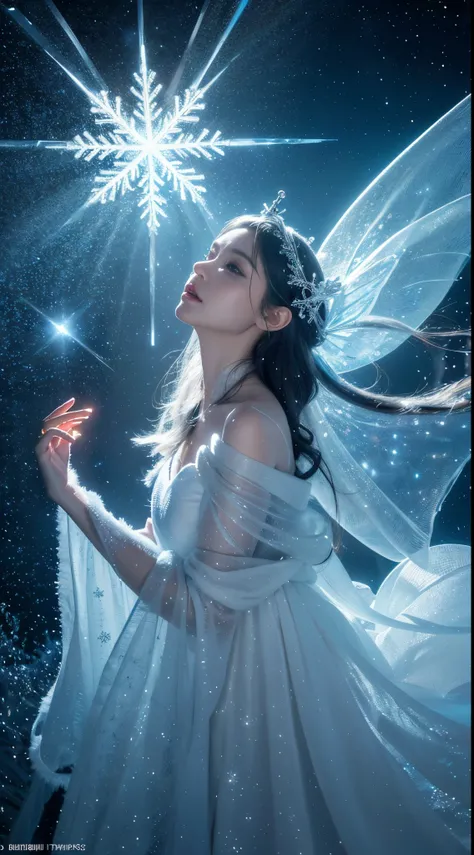 snowstyle, ethereal fantasy concept art of {(Glistening snow fairies adorned with icicle crowns twirled through the air, transforming frosty breath into enchanted snowflakes. A winter ballet unfolded as they crafted a crystalline palace for a grand Christm...