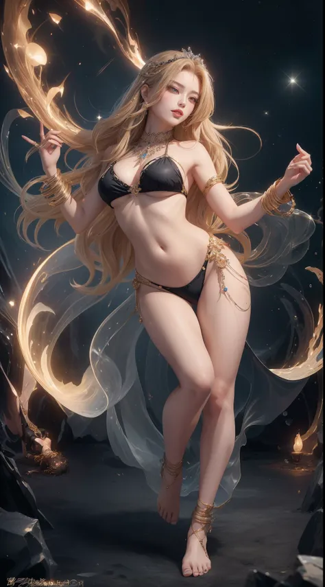 tmasterpiece，Highest image quality，Noble Western dancing beauty with barefoot figure，Sophisticated black and blonde hairstyle，A dazzling array of exquisite jewelry A dazzling array of exquisite jewelry，Bikini costume，Ultra-detailed details，advanced。At the ...