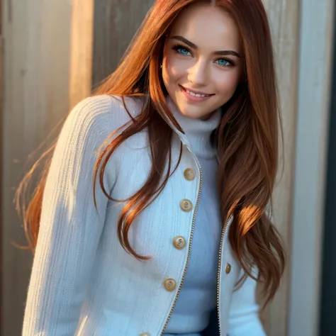 Redhead, full lips, modelesque figure, emarald green eyes, full body, cinematic lighting, white turtleneck, blue jacket, smiling, candid