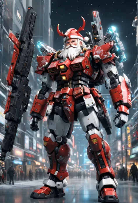 1 transparent glowing santa claus wearing christmas clothes made of a mechanical gundam mecha, wearing a traditional christmas h...