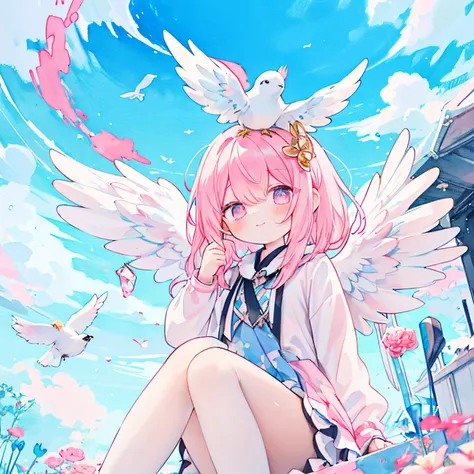 Transparent watercolor、girl with、Jewel Eyes,Beautiful arrangements and motifs、Originality、great depth of field、Harpy、Bird、cute bird man、sole of feet、has feathers on its head、Head feathers、wings on the back、bird wings、PastelColors、kawaii、Skysky、Skysky、blue-...