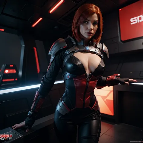 Scifi hero, Red head femshep, mass effect, sexy pose, scifi background