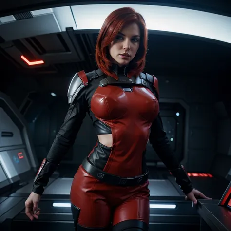 Scifi hero, Red head femshep, mass effect, sexy pose, scifi background