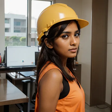 Beautiful Girl, Civil Engineer, Sri Lankan , Professional, Wearing a Safety Hat , Corporate Background