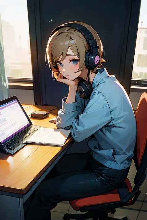 A woman sitting at a desk with headphones on、　natta