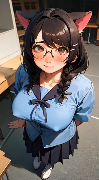 Stema Peace、hanekawa tsubasa、attack of glasses、A dark-haired、large boob、 (Black hair, Brown eyes, Round face),With ribbon, (nose blush, half opened eye),, [Full body shot]、eye glass、Head-to-toe shots、A dark-haired、