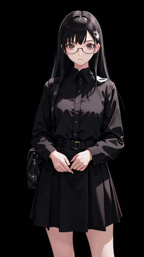 A portrait of a person，a young female novelist，black long straight hair，Ordinary, Ordinary，Normal standing bust，Wearing black glasses，liberal arts students，Common clothing worn by writers。The background is pure white，Clear public areas，4K