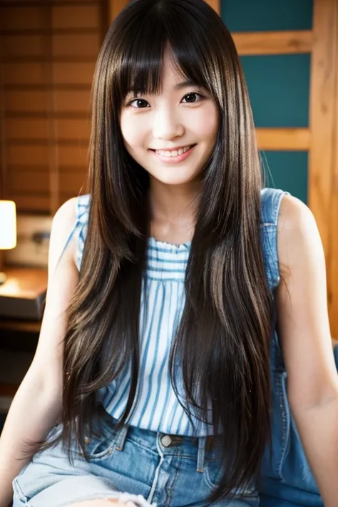 Cute smiling girl in the room,Japan 25 years old,Long black hairstyle,I have a smartphone,Beautuful Women