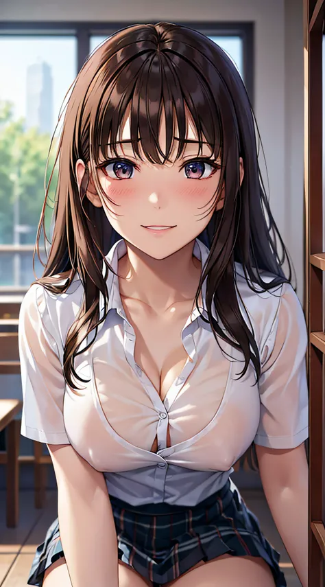 ((masutepiece, Best Quality, hight resolution, nffsw, Perfect Pixel, 4K, nffsw, nffsw))), 1girl in, Single, Solo, Beautie、full body seen、 ((Middle Wave Hair, Bangs, Brown hair)), ((Brown-eyed, Beautiful eyelashes, Realistic eyes)), ((Detailed face, Blushin...