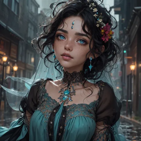 closeup full body freckled Mexican woman in the morning rainy city, curly_hair black_hair flowers twinkling_lights | rainfall raindrops (traditional mexican dress) (black cyan red) stormy | short_neck | colorful | complementary colors | city backdrop woman...