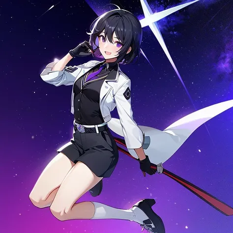 1 girl, short Messy hair, black hair, purple strips, purple eye, black shirt, white jacket,black gloves,white sock,star clip, gorgeous, genshin impact,white shoes with star,happy,full body,black short pants