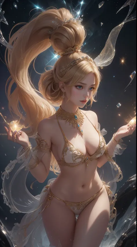 tmasterpiece，Highest image quality，Noble western dance beauty barefoot figure，Sophisticated black and blonde hairstyle，A dazzling array of exquisite jewelry. Lots of exquisite jewelry.，Bikini costumes，Ultra-detailed details，advanced。At the Pixiv Art Statio...