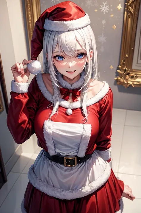 1 woman, adult, white hair, blue eyes, underwear, Santa hat, Christmas, masterpiece, best quality. perfect face smile