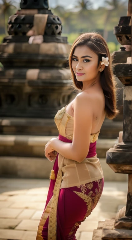 8k portrait of beautiful girl with brown hair, ((Borobudur temple background)), photography, portrait of gadis_jelita wearing kebaya_bali, red lipstick, detail, flowers, blurry background, soft focuasterpiece, sidelighting, finely detailed beautiful eyes: ...