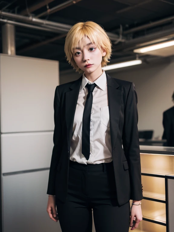 Create realistic images, shooting imaging , Japan girls, short spiky yellow hair, Clear Buttons White Tight Office Shirt , Black tie, black pants. long, blur background ,