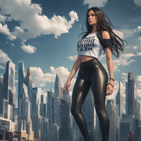 Giant woman who is 450 meters tall, wears black leggings, wears black long boots, wears a blue T-shirt, and walks in the city next to the buildings, digital painting, digital illustration, extreme detail, digital art, 4k, ultra hd --auto --s2