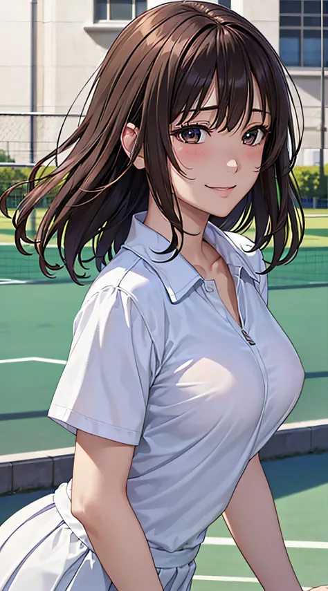 ((masutepiece, Best Quality, hight resolution, nffsw, Perfect Pixel, 4K, nffsw, nffsw))), 1girl in, Single, Solo, Beautie、full body seen、 ((Middle Wave Hair, Bangs, Brown hair)), ((Brown-eyed, Beautiful eyelashes, Realistic eyes)), ((Detailed face, Blushin...