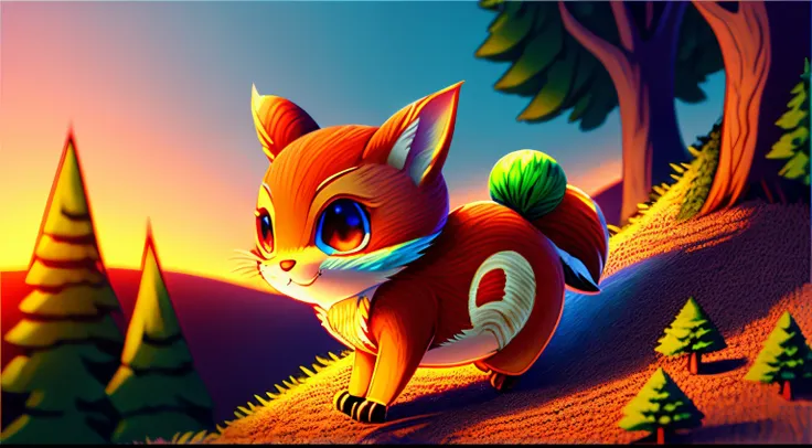 top quality Anime-style colored illustration of an anthropomorphic acorn rolling down a slope.  enchanted forest on blurred background , Sunset, 3D, 4K, 32K, full HDR, Real image, By Sora