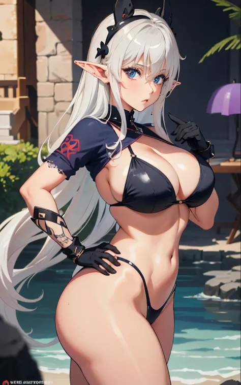 Masterpiece, bikinis, Masterpiece, Best Quality, extremely busty body, Sexy babes, big breasts , Glossy, dark characters, watercolor theme, (see viewer: 1.1), wide hips, big ass, Standing, curved, Silver hair, elf ears, hair accessories, lace gloves , Dads...