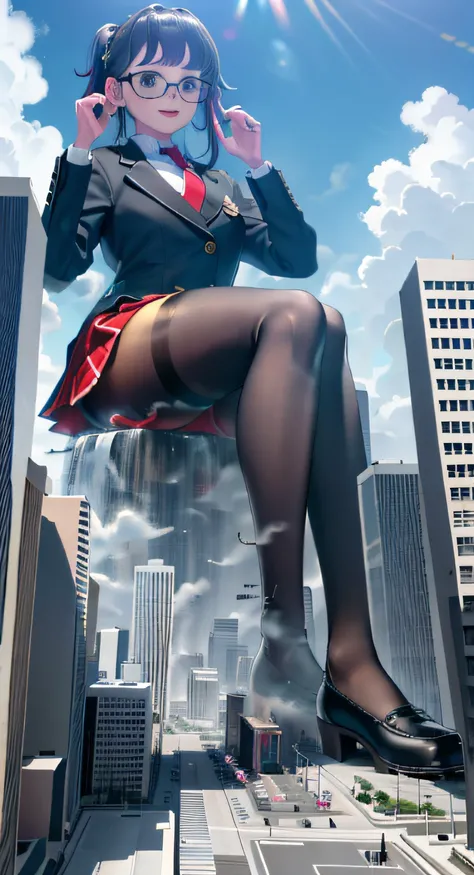 giantess art, a hyperrealistic schoolgirl, , highly detailed giantess shot, der riese, Shorthair, Black pantyhose, a huge high school girl、&#39;It&#39;s much bigger than a skyscraper。Wearing rimless glasses。Colossal tits。Navy blue blazer、Red tie、Mini Lengt...